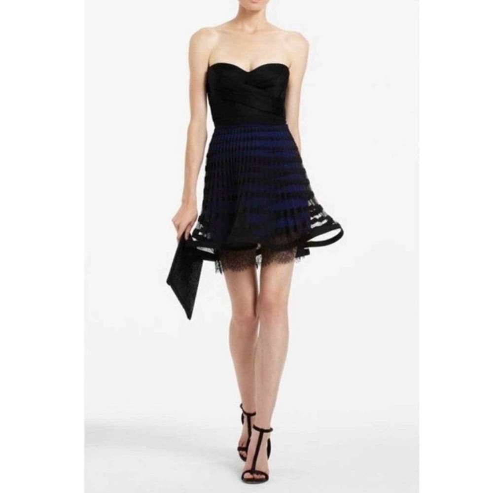 BCBG MaxAzria Neena Black and Blue Pleated Strapless Cocktail Dress Size 8